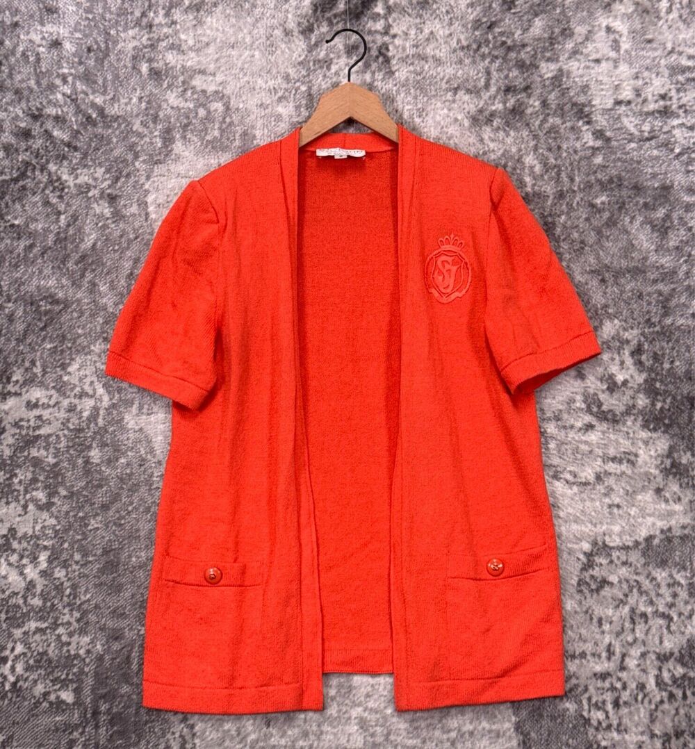 St John Jacket Medium Womens Coral Pink Santana Knit Crest Embroidered Open